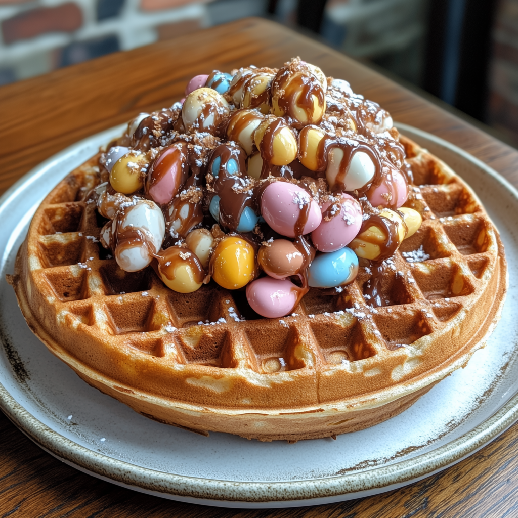 picture of mini eggs on top of a waffle with chocolate sauce. 